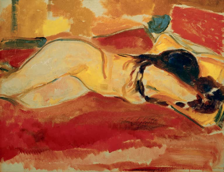 Liegender weiblicher Akt in warmen Gelb- und Rottönen – Edvard Munch Liegender Akt Kunstkopie