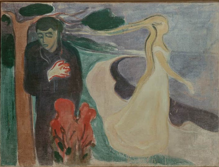 Trauriger Mann mit Hand am Herzen und davonschwebende Frau in hellem Kleid am Ufer – Edvard Munch Loslösung Kunstkopie