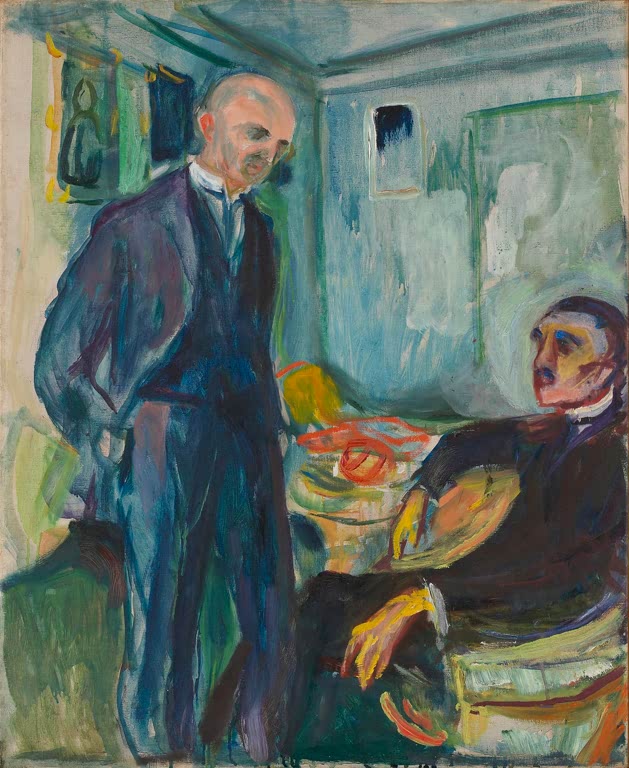 Zwei Männer in hellblauem Zimmer, einer stehend, einer sitzend – Edvard Munch Lucien Dedichen und Jappe Nilssen Kunstkopie