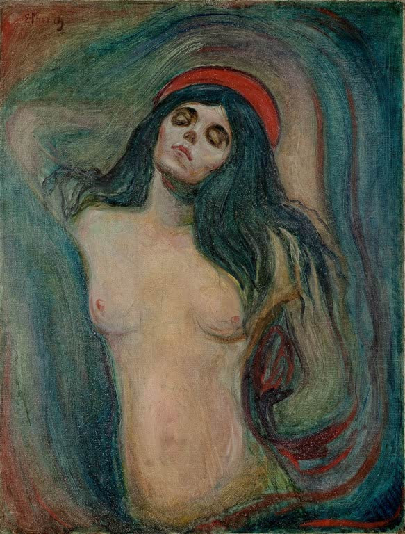 Halbakt einer Frau mit langem dunklem Haar und rotem Stirnband – Edvard Munch Madonna Kunstkopie