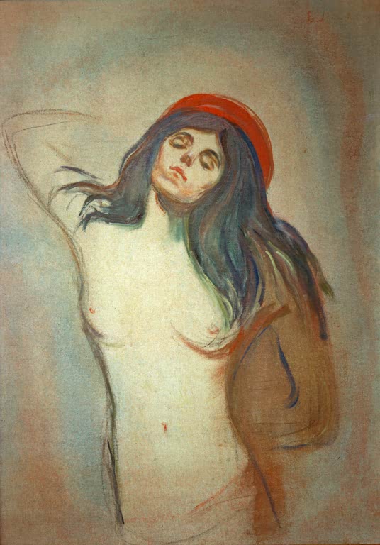 Oberkörper einer Frau mit rotem Haarband und langem Haar vor weichem Grund – Edvard Munch Madonna Kunstkopie