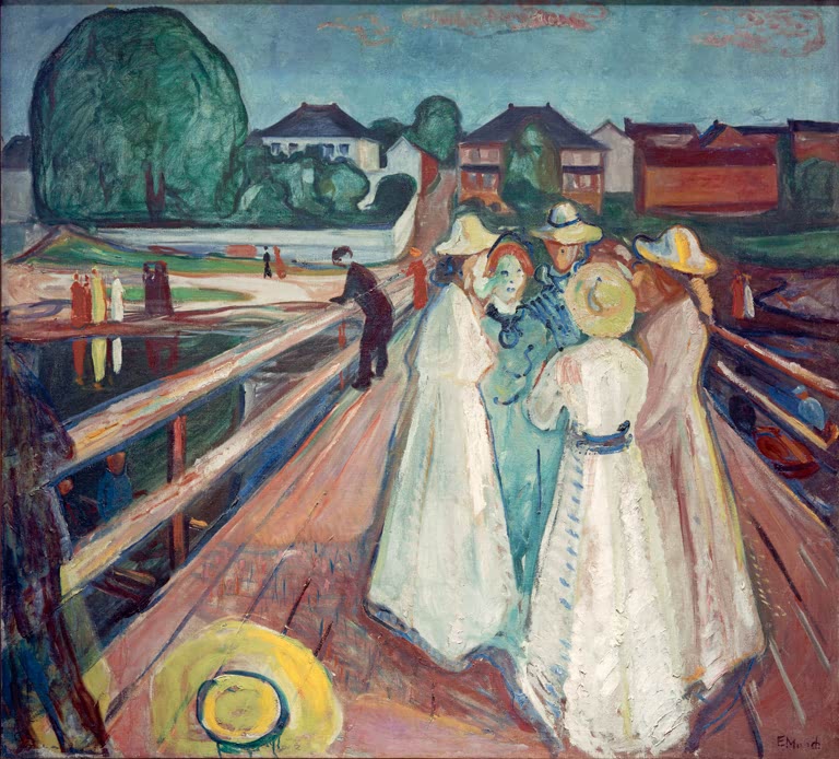 Mädchen in hellen Kleidern auf einem Holzsteg vor Häusern und rundem Baum – Edvard Munch Mädchen auf dem Pier Kunstkopie