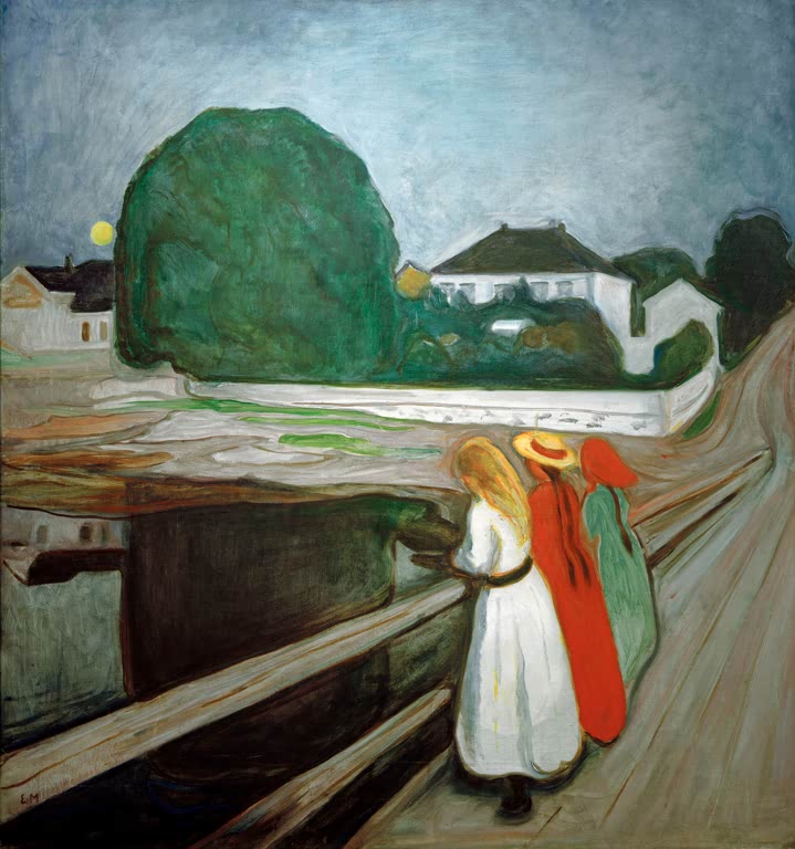 Drei Mädchen in Weiß und Rot stehen nachts auf einem Steg vor rundem Baum – Edvard Munch Mädchen auf dem Pier Kunstkopie