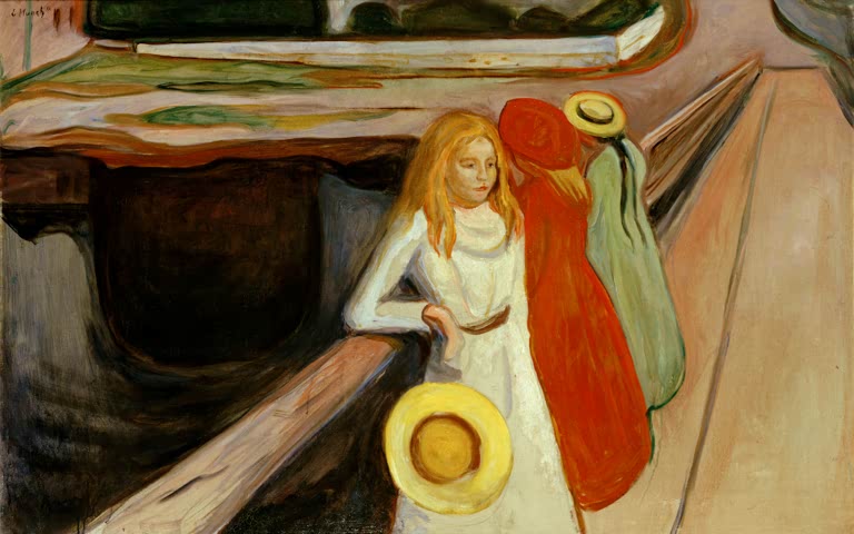 Mädchen in Weiß und Frau in Rot am Brückengeländer, unten ein Strohhut – Edvard Munch Mädchen auf der Brücke Kunstkopie