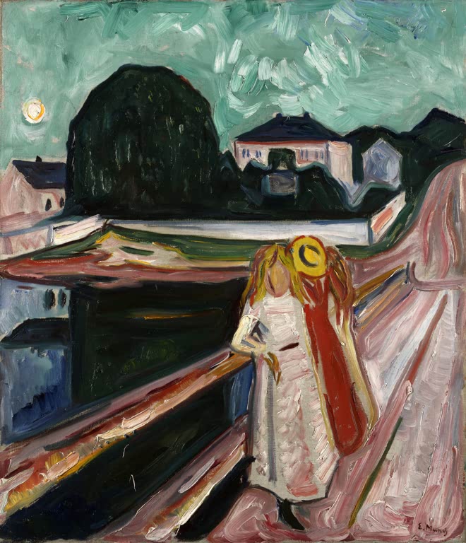 Mädchen in Weiß mit gelbem Hut steht auf der Mole vor dunklem Baum und Mond – Edvard Munch Mädchen auf der Mole Kunstkopie