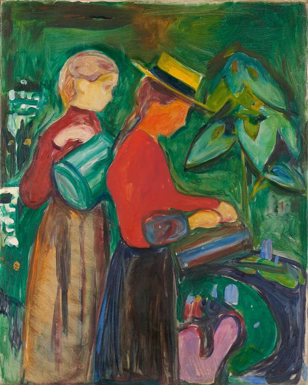 Zwei Mädchen mit Gießkannen vor grünem Laub im Garten – Edvard Munch Mädchen beim Blumenbegießen Kunstkopie