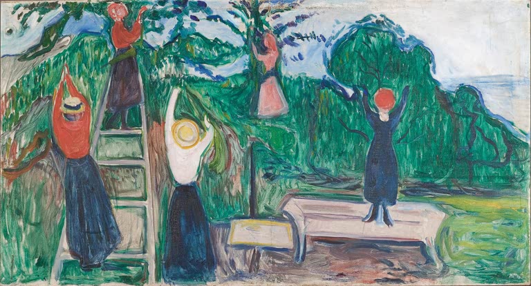 Frauen in roten Blusen pflücken Obst im Garten, eine auf der Leiter – Edvard Munch Mädchen beim Obstpflücken Kunstkopie