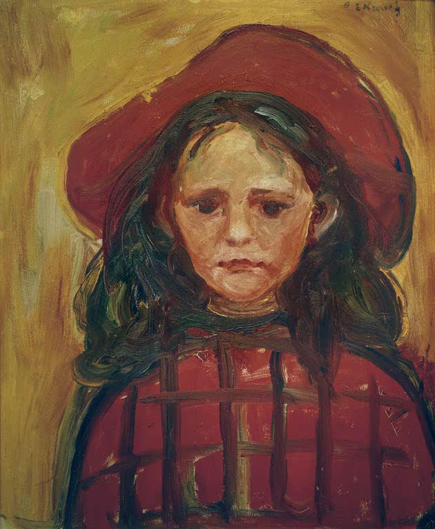 Ernstes Mädchen mit rotem Hut und kariertem Mantel vor gelbem Grund – Edvard Munch Mädchen mit rotem Hut Kunstkopie