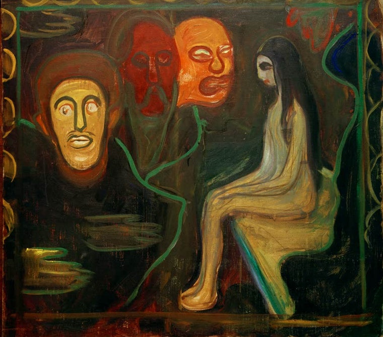 Nackte sitzende Frau neben drei maskenartigen Köpfen auf dunklem Grund – Edvard Munch Mädchen und drei Männerköpfe Kunstkopie