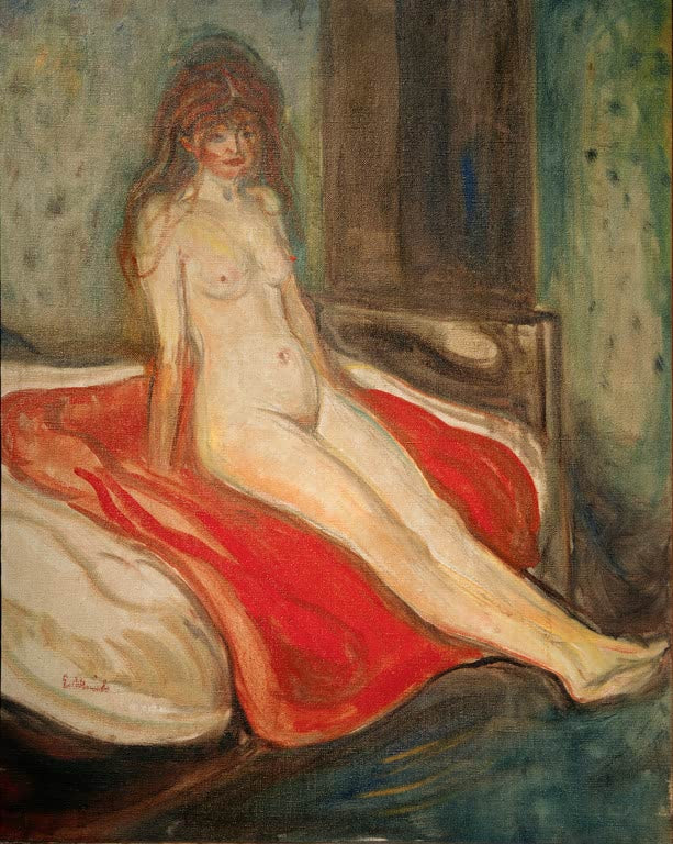 Nackte junge Frau sitzt auf einem roten Tuch vor einem Bett – Edvard Munch Mädchenakt auf rotem Tuch Kunstkopie