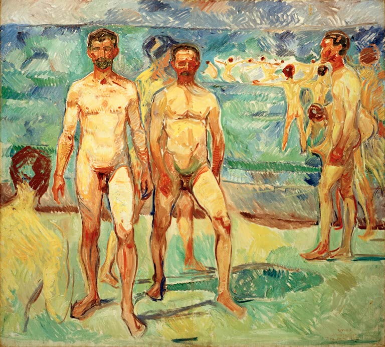 Nackte Männer stehen am sonnigen Strand vor grünem Meer – Edvard Munch Männer am Strand Kunstkopie