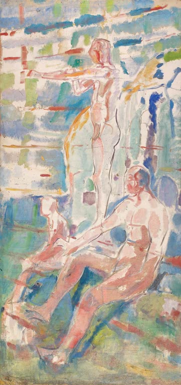 Nackte Männer in hellem Licht wenden sich einer Sonne zu – Edvard Munch Männer, die sich der Sonne zuwenden Kunstkopie