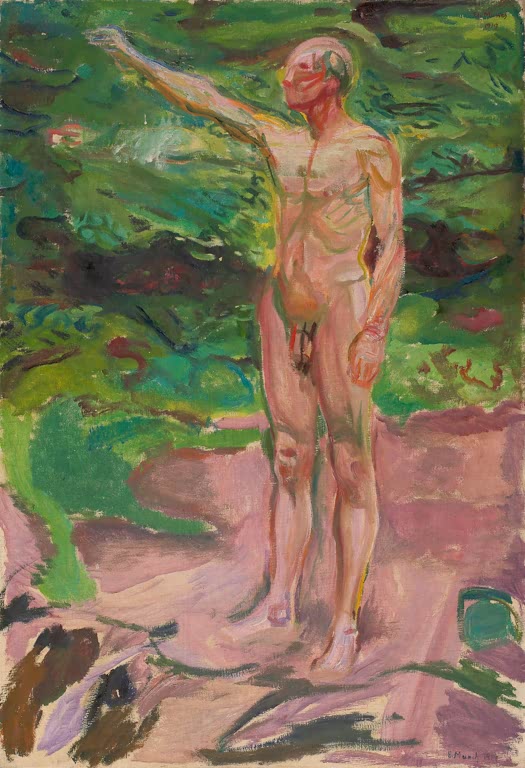 Nackter Mann steht mit ausgestrecktem Arm im grünen Wald auf rosa Boden – Edvard Munch Männlicher Akt im Wald Kunstkopie