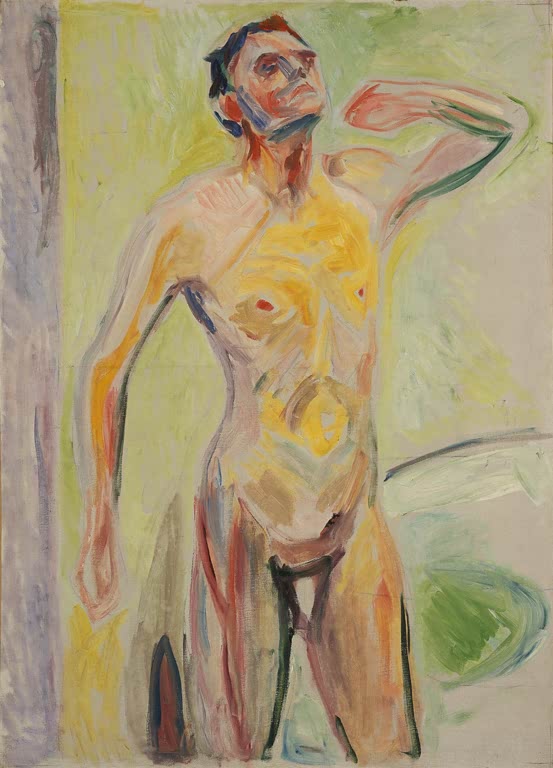 Stehender nackter Mann mit erhobenem Arm vor hellem Grund – Edvard Munch Männlicher Akt Kunstkopie