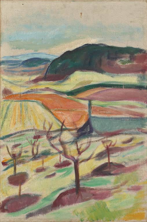 Hügelige Frühlingslandschaft mit bunten Feldern und kahlen Bäumen – Edvard Munch März Kunstkopie