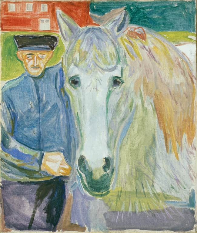 Alter Mann mit Mütze neben einem hellen Pferd mit sanft gemaltem Kopf – Edvard Munch Mann mit Pferd Kunstkopie