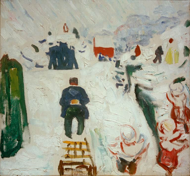 Mann mit Mütze zieht Schlitten durch verschneite Landschaft – Edvard Munch Mann mit Schlitten Kunstkopie