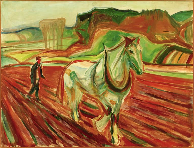 Mann führt ein weißes Pferd über rot gepflügtes Feld vor grünen Hügeln – Edvard Munch Mann mit weißem Pferd Kunstkopie