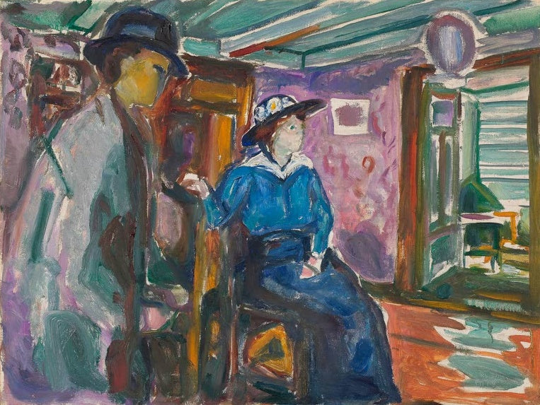 Edvard Munch Mann und Frau Kunstkopie, Paar im Zimmer, Frau in blauem Kleid und Hut neben einem Mann vor violetter Wand