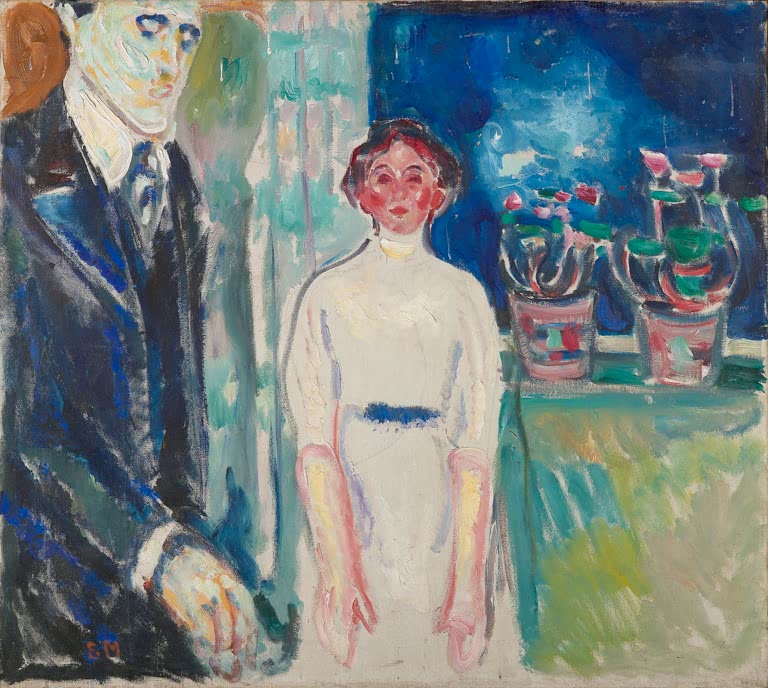 Mann und Frau in heller Bluse vor Fenster mit Blumen – Edvard Munch Mann und Frau am Fenster mit Topfpflanzen Kunstkopie