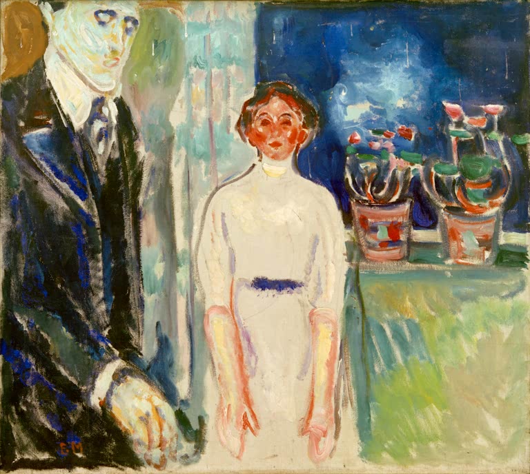 Mann und Frau in Weiß stehen vor einem Fenster mit Topfpflanzen – Edvard Munch Mann und Frau am Fenster Kunstkopie