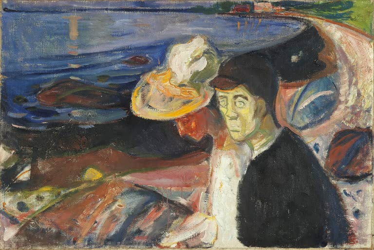 Paar mit Hut und dunkler Jacke vor einer Bucht mit Strand – Edvard Munch Mann und Frau am Strand Kunstkopie