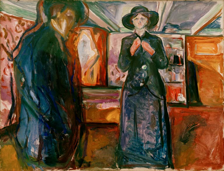 Mann und Frau stehen sich in einem rot gemusterten Zimmer gegenüber – Edvard Munch Mann und Frau II Kunstkopie