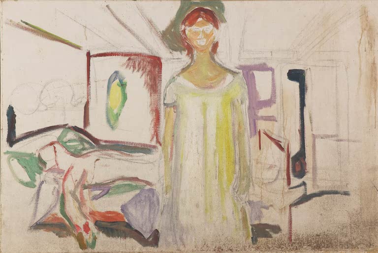 Frau im hellen Kleid steht in einem skizzenhaften Zimmer mit Bett und Spiegel – Edvard Munch Mann und Frau Kunstkopie