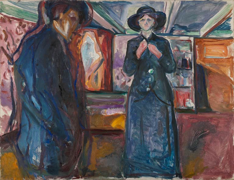 Mann und Frau mit Hut in dunklen Mänteln in einem Zimmer – Edvard Munch Mann und Frau Kunstkopie