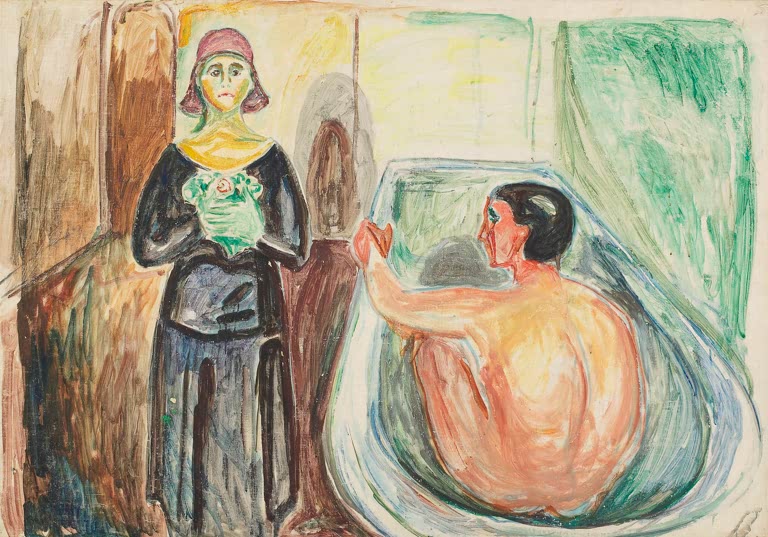Frau mit Rosenstrauß steht neben einem nackten Mann in der Badewanne – Edvard Munch Marat in der Badewanne Kunstkopie