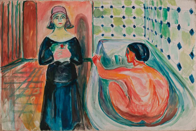 Frau in dunklem Kleid neben einer Badewanne – Edvard Munch Marat in der Badewanne und Charlotte Corday Kunstkopie