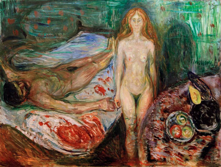 Nackte Frau mit rotem Haar neben dem blutbefleckten Bett mit einem liegenden Mann – Edvard Munch Marats Tod I Kunstkopie