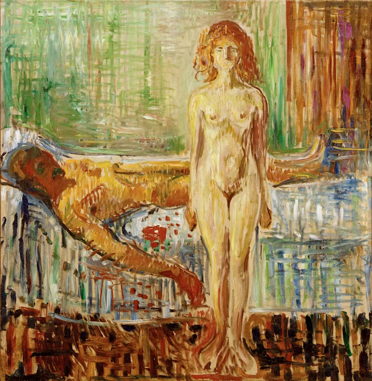 Stehende nackte Frau mit rotem Haar neben Bett mit liegendem Mann – Edvard Munch Marats Tod II (Die Mörderin) Kunstkopie