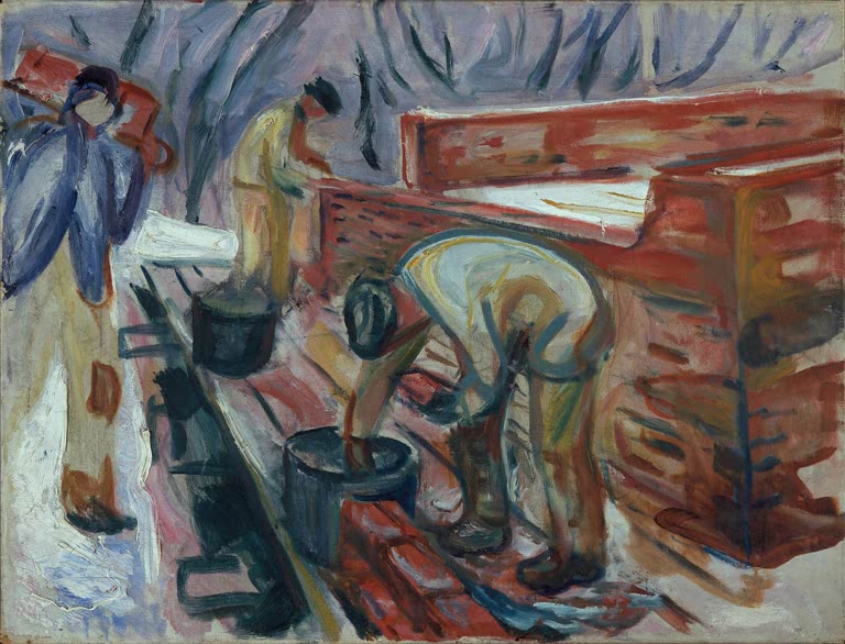 Maurer an roter Ziegelwand mit Mörtelkübeln – Edvard Munch Maurer bei der Arbeit am Ateliergebäude Kunstkopie