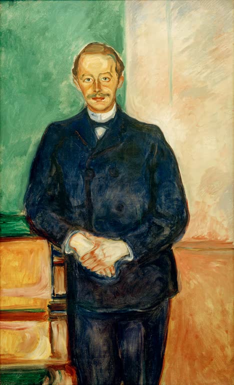 Mann im dunklen Anzug mit gefalteten Händen vor grünem und hellem Hintergrund – Edvard Munch Max Linde Kunstkopie