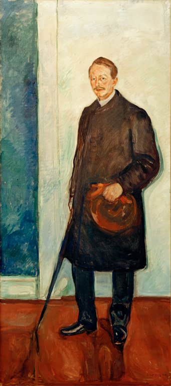 Stehender Mann im Mantel mit Hut und Stock vor heller Wand und rotem Boden – Edvard Munch Max Linde Kunstkopie