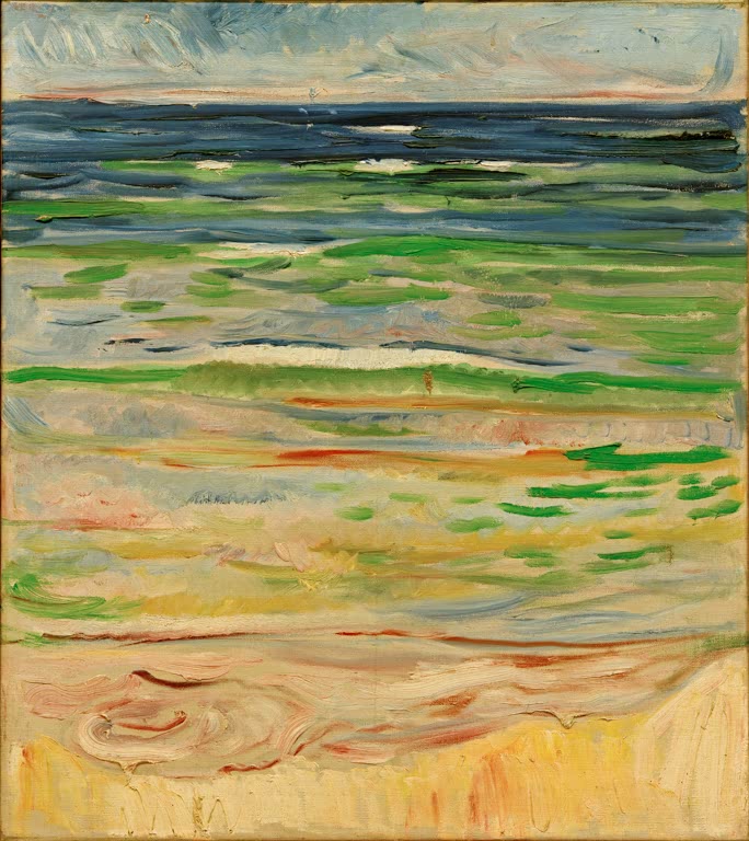 Wellen rollen an Sandstrand unter hellem Himmel in Blau und Grün – Edvard Munch Meer, Strand und Himmel Kunstkopie