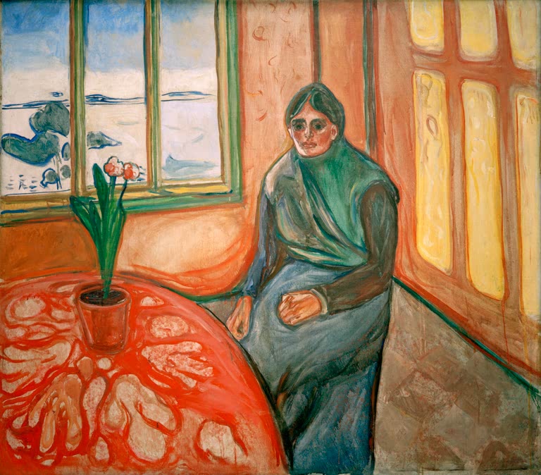 Sitzende Frau im grünen Schal am Fenster, davor ein Tisch mit roter Decke – Edvard Munch Melancholie. Laura Kunstkopie