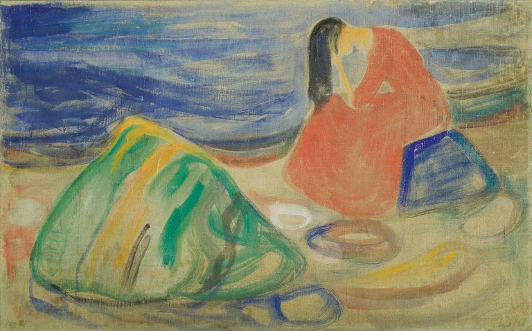 Frau in Rot sitzt weinend am Strand neben grünem Felsen – Edvard Munch Melancholie. Weinende Frau am Strand Kunstkopie