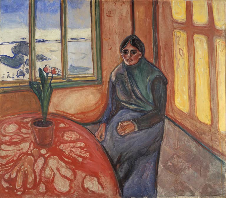 Dunkel gekleidete Frau sitzt am Fenster neben einem roten Tisch mit Blumentopf – Edvard Munch Melancholie Kunstkopie