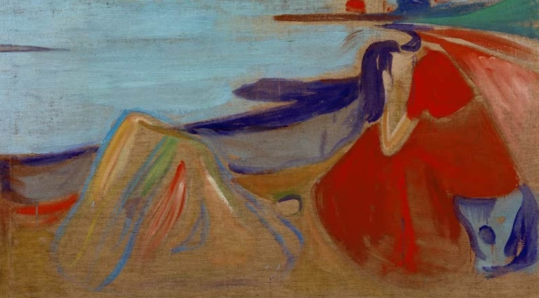 Frau in rotem Kleid sitzt am Strand, daneben liegende Gestalt vor blauem Himmel – Edvard Munch Melancholie Kunstkopie