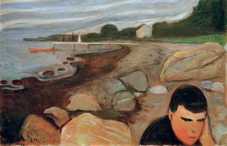 Trauriger junger Mann sitzt zwischen Felsen an der Küste, dahinter Bucht und Haus – Edvard Munch Melancholie Kunstkopie