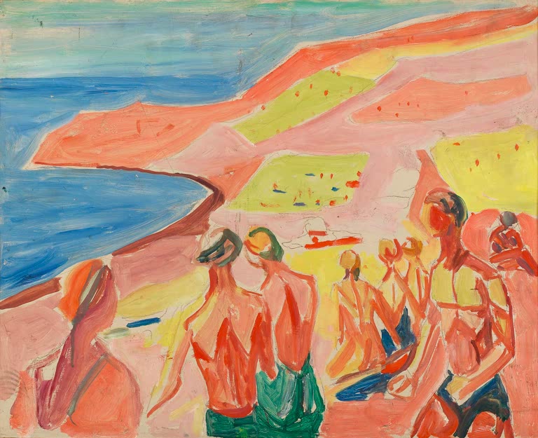 Sonnenbadende Menschen vor rosa Küste und blauer Bucht – Edvard Munch Menschen beim Sonnenbaden in einer Bucht Kunstkopie