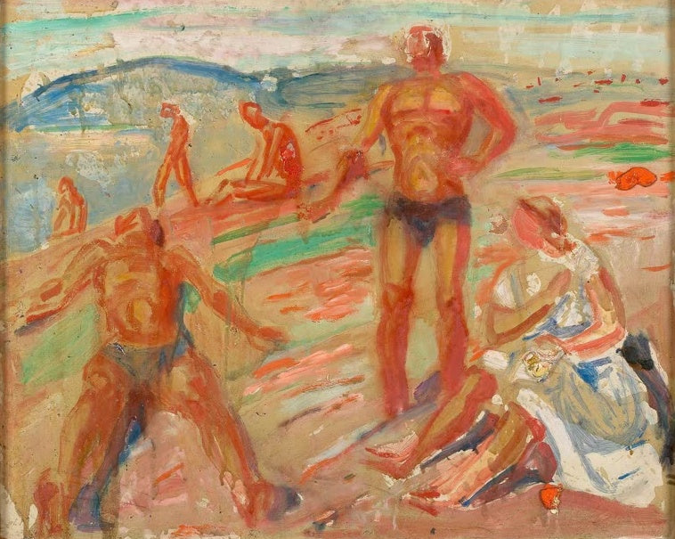 Nackte Sonnenbadende in roten Tönen am Strand – Edvard Munch Menschen beim Sonnenbaden Kunstkopie