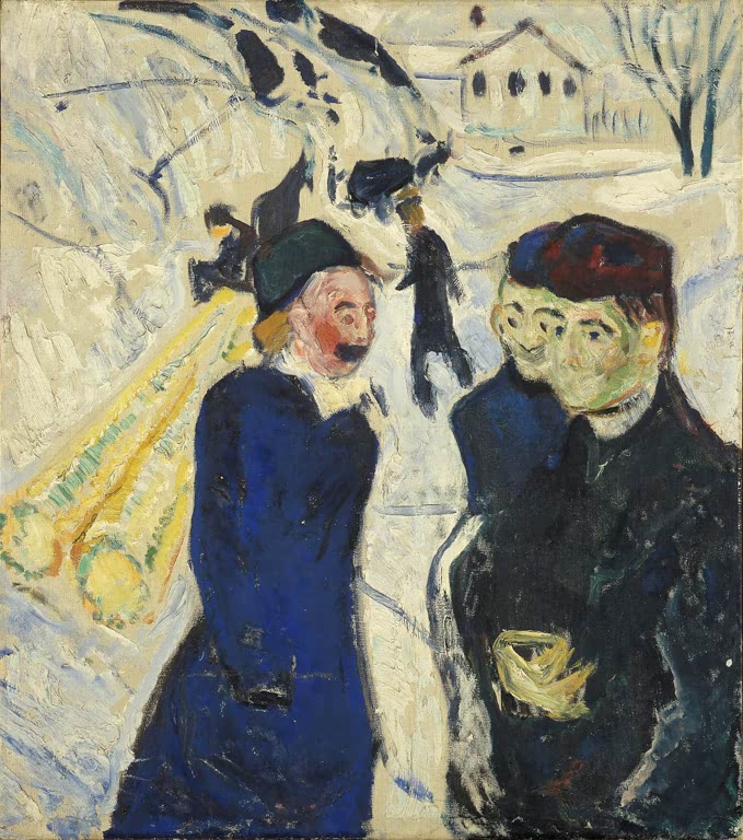 Zwei Menschen in Winterkleidung auf einer Straße – Edvard Munch Menschen und Holztransport in Kragerø Kunstkopie