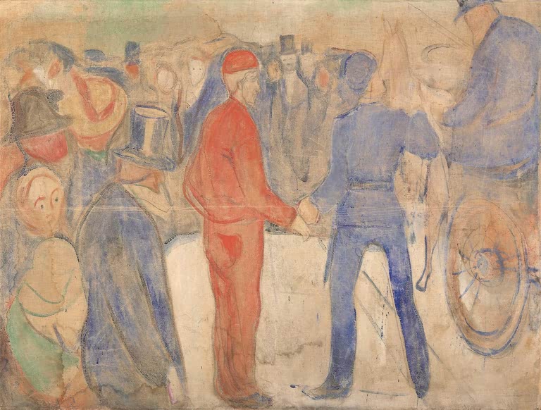 Menschenmenge um einen Mann in roter Kleidung – Edvard Munch Menschenansammlung um einen Mann in Rot Kunstkopie
