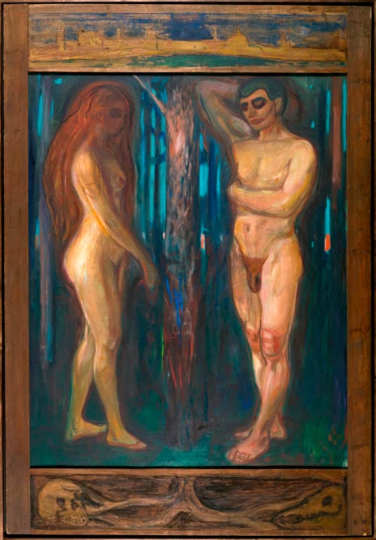 Nackter Mann und nackte Frau mit rotem Haar stehen in einem gemalten Rahmen – Edvard Munch Metabolismus Kunstkopie
