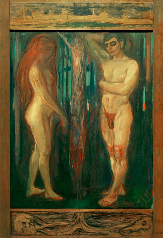 Nackte Frau mit rotem Haar und nackter Mann neben einem Baumstamm im grünen Raum – Edvard Munch Metabolismus Kunstkopie