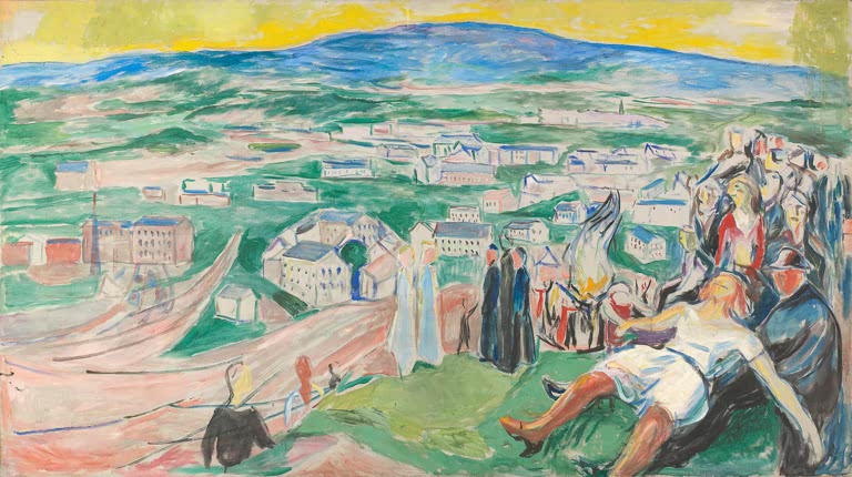 Weite Stadtlandschaft mit Hügelkette, vorn Menschengruppe und liegender Mann – Edvard Munch Mittsommernachtsabend Kunstkopie