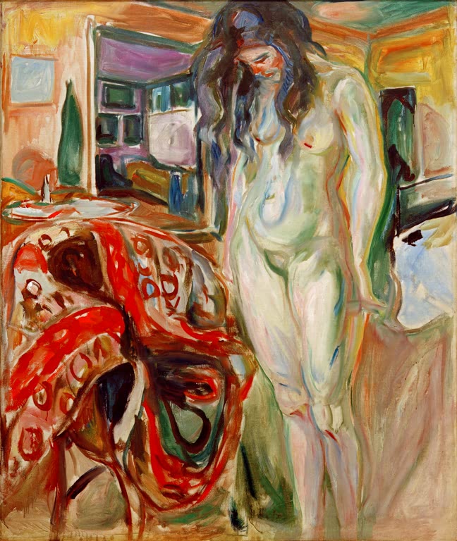 Nackte Frau mit langem Haar steht neben einem Korbstuhl mit rotem Tuch – Edvard Munch Model ved kurvstolen I Kunstkopie